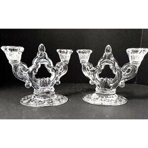 Vtg. Cambridge Glass Rose Point Double Candelabra Candlesticks w/ Etched Base